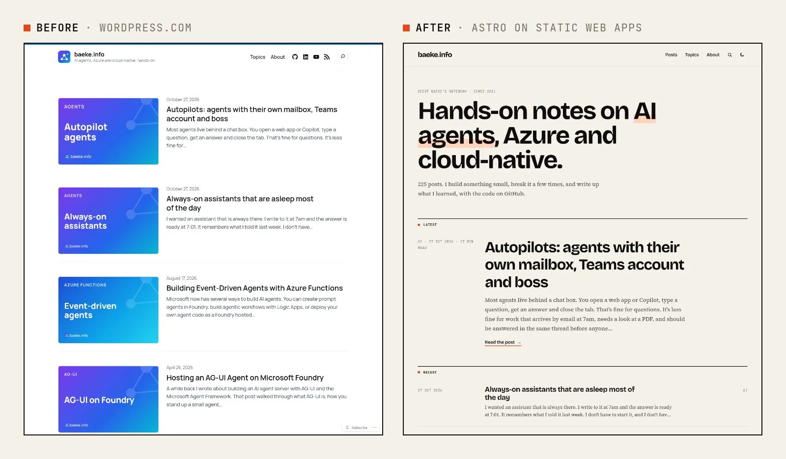The home page on WordPress.com (left) and on the static site (right)