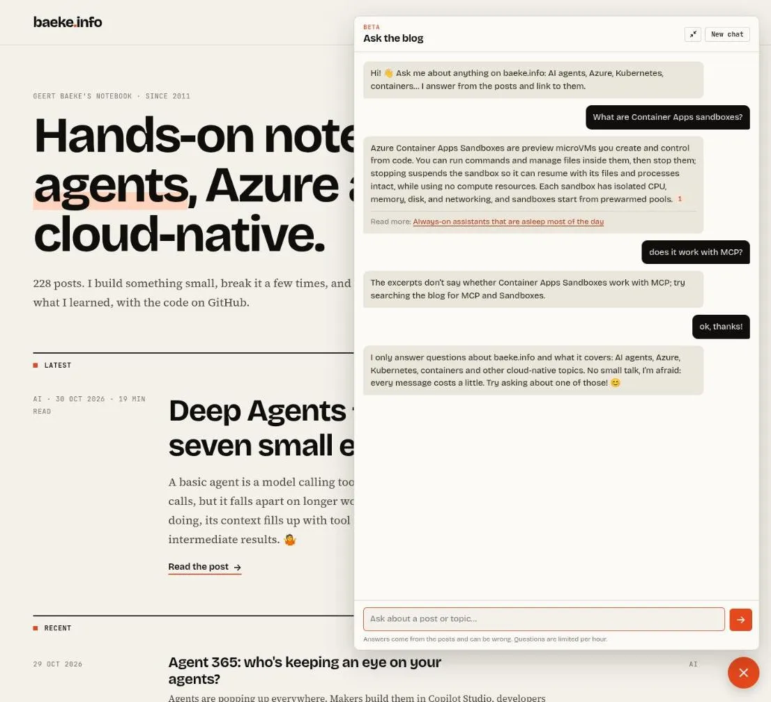 The Ask the blog chat with an answer and a source link, a follow-up question, and the fixed reply to "ok, thanks!"