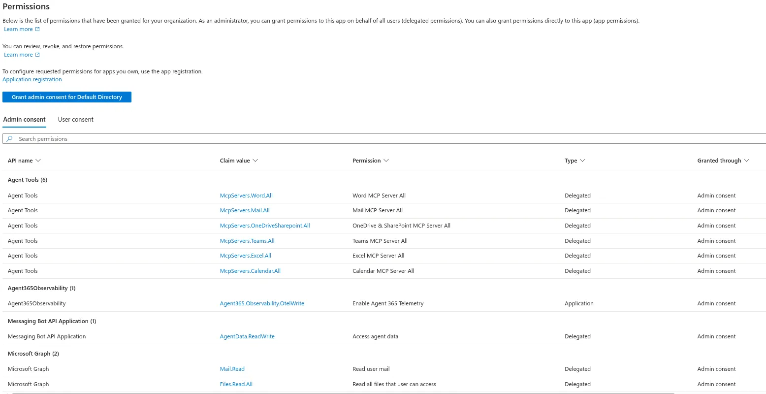 The permissions granted to the coworker blueprint in Entra