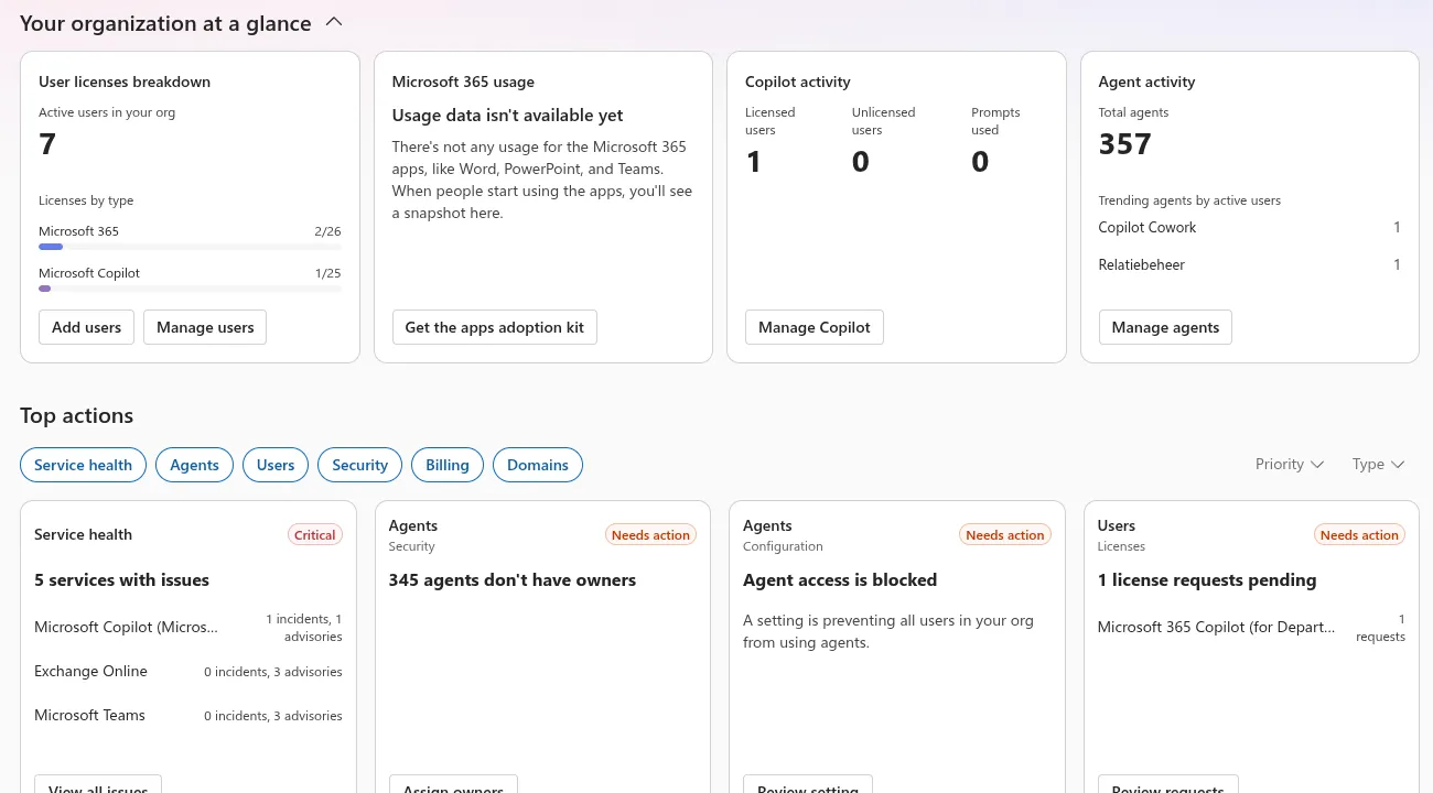 The Microsoft 365 admin center dashboard: 357 agents, 345 without owners