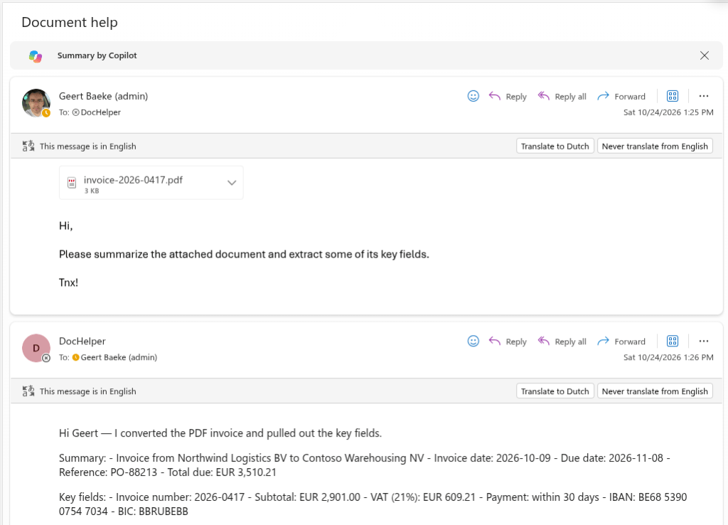 DocHelper answering an email with a summary of the attached invoice
