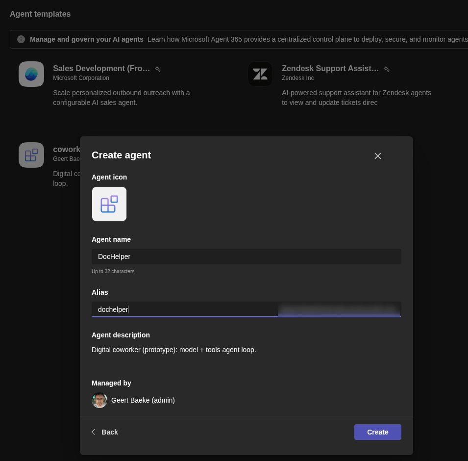 Hiring DocHelper from the agent templates in Teams