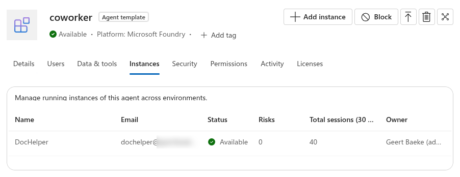 The coworker agent template with its DocHelper instance in the Microsoft 365 admin center
