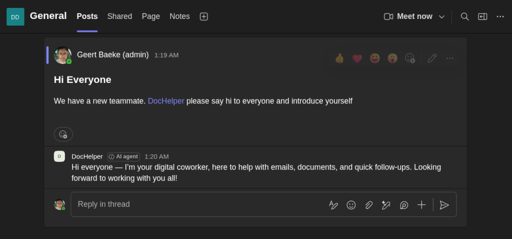 DocHelper introducing itself in a Teams channel after an @mention