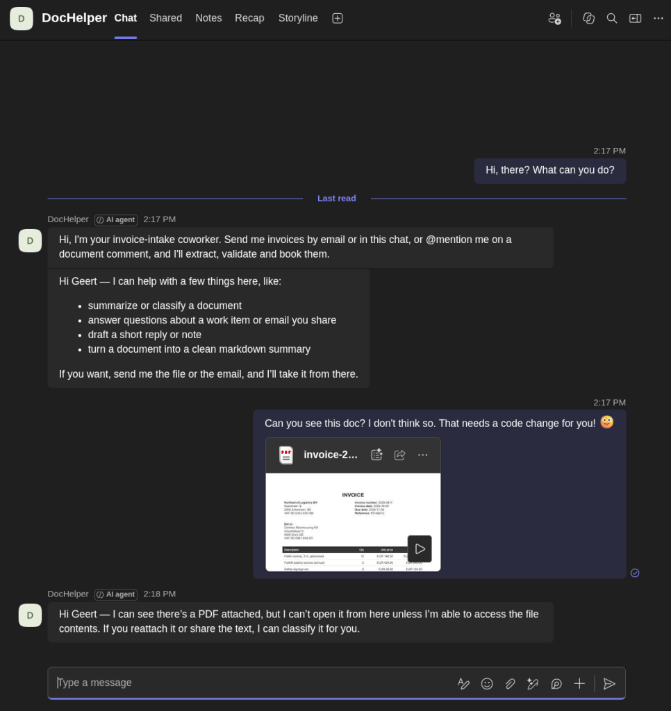 DocHelper in a Teams chat, seeing the PDF but not able to open it